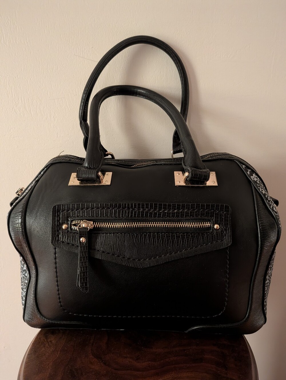 MMS Black Faux Leather Purse with White Print on the sides